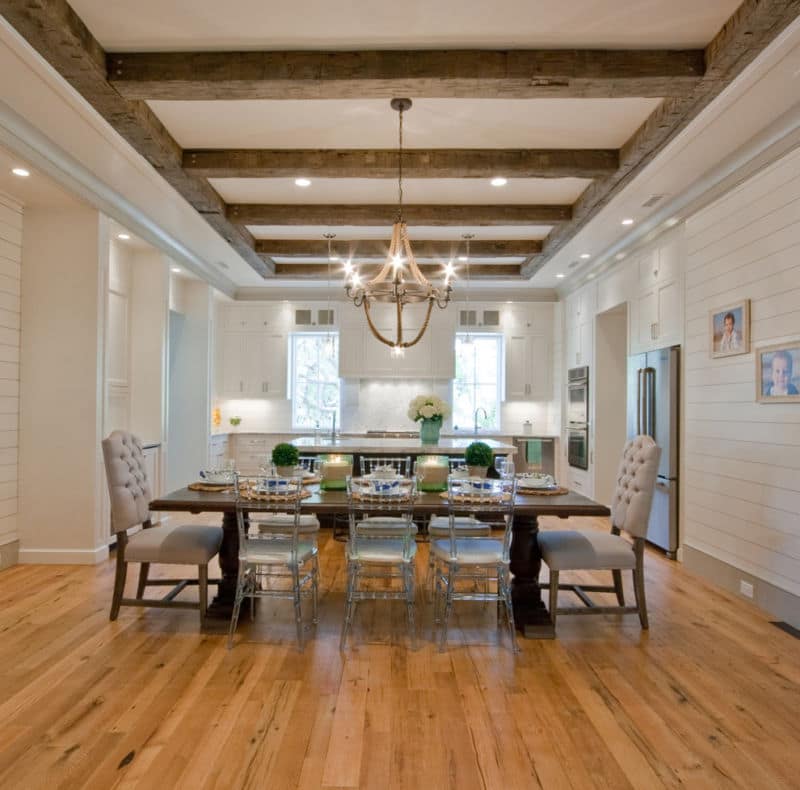 open-beam-ceiling-dining-room-traditional-with-sink-in-island-rustic-ceiling-beams-glass-dining-chairs-kitchen-window-8